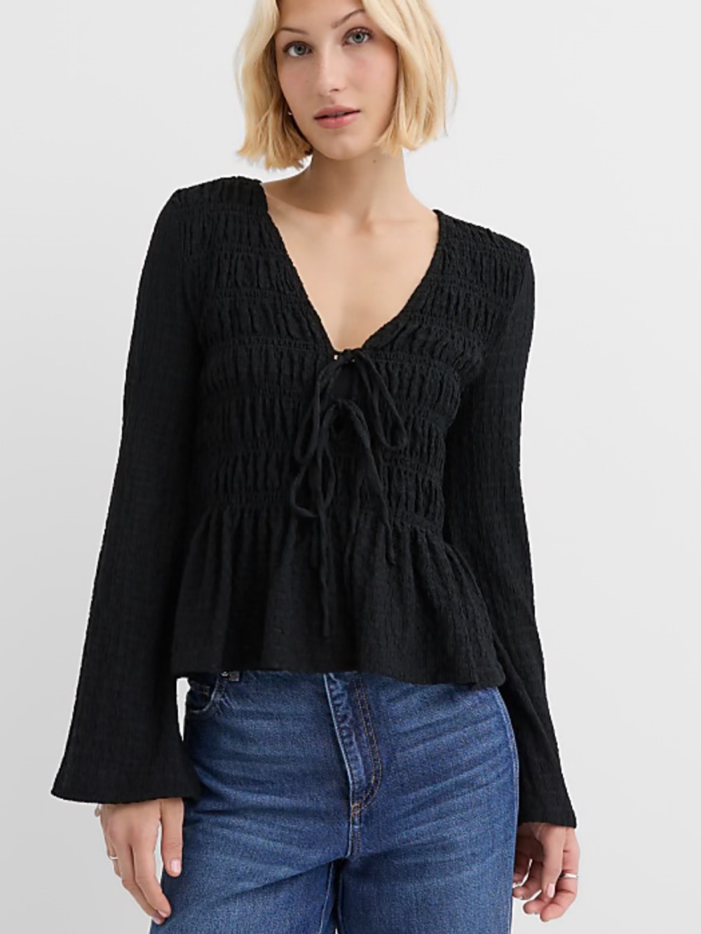 Loft Tie Smocked Flare Sleeve Top size medium